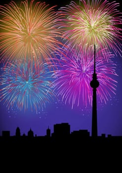 Happy New Year fiireworks Berlin city night TV tower silhouette scene. EPS10 vector with transparencies layered for easy manipulation and customisation.