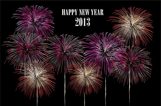 Happy New Year 2013 fireworks night scene. EPS10 vector with transparencies layered for easy manipulation and customisation.