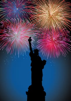 Happy New Year fireworks New York city with Liberty statue silhouette night scene. EPS10 vector with transparencies layered for easy manipulation and customization.