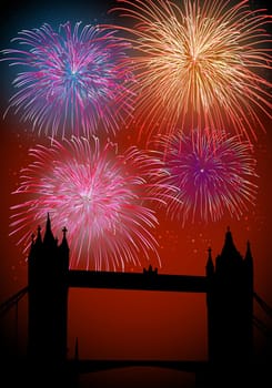 Happy New Year fireworks London city with Thames bridge night scene. EPS10 vector with transparencies layered for easy manipulation and customisation.