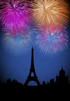 Happy New Year fireworks Paris with Eiffel tower silhouette night scene. EPS10 vector with transparencies layered for easy manipulation and customisation.