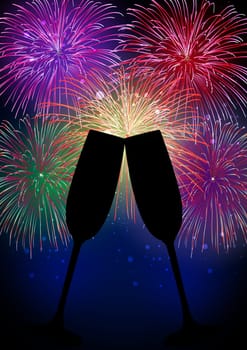Happy New Year fireworks with champagne glass silhouette. EPS10 vector with transparencies for easy manipulation and customisation.