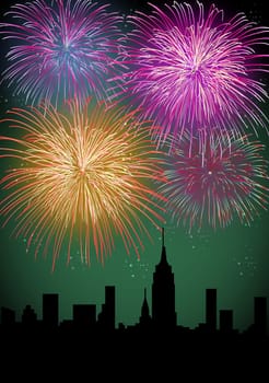 Happy New Year fireworks skyscraper silhouette night city scene. EPS10 vector with transparencies layered for easy manipulation and customization.