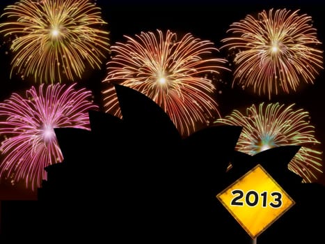 Fireworks happy New year Sidney city night scene with Opera house building landmark silhouette.