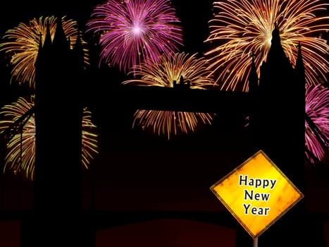 Fireworks happy New year London city night scene with Tower bridge landmark silhouette.