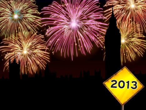 Fireworks happy New year London city night scene with Big Ben tower landmark silhouette and road sign.