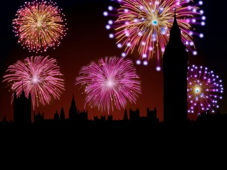 Fireworks happy New year London city Big Ben and House of Parliament scene.