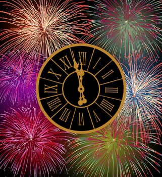 Happy New Year fireworks eve night time with clock. EPS10 vector with transparencies layered for easy manipulation and customisation.