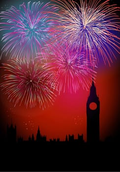 Happy New Year fireworks London with Big Ben Tower silhouette night scene.EPS10 vector with transparencies layered for easy manipulation and customisation.