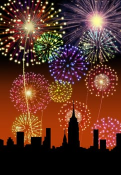 Fireworks happy New year siluette city night scene.