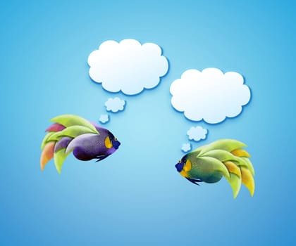 angelfish faces as social network with speech bubbles.