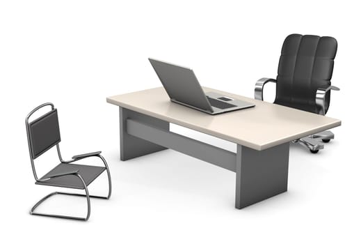 A office with table chair, swivel chair and laptop. White background.
