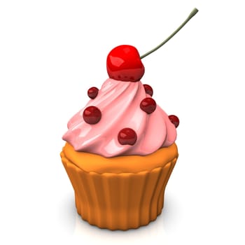 Cupcake with pink cream, red currants and cherry. White background.