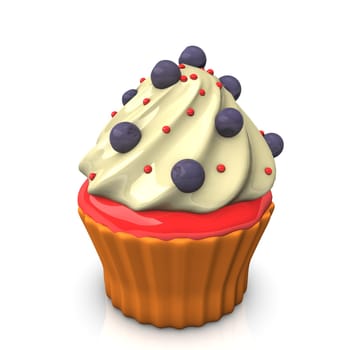 Cupcake with  white cream and blueberries. White background.