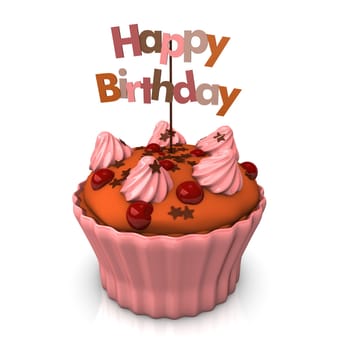 Cupcake with brown text "happy birthday"". White background."
