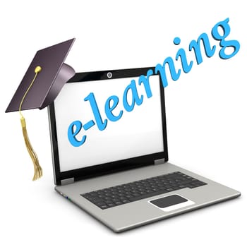 A notebook with graduation cap and blue text "e-learning"". White background."