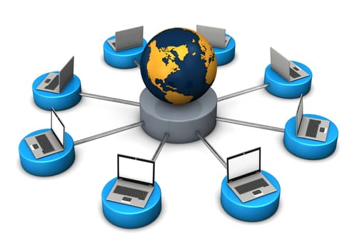 Illustration of networked world, with laptops and globe on white background.