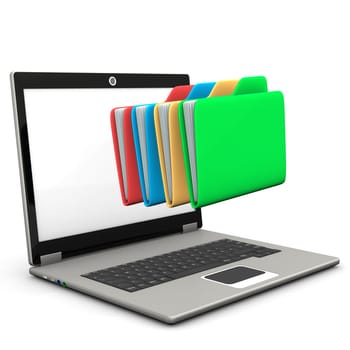 A notebook with multicolored folders. White background.