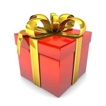 Red gift with golden ribbons on the white background.