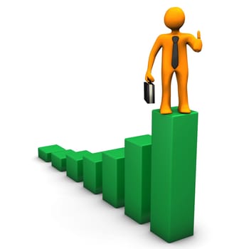 Orange cartoon character on the green chart with OK-Symbol.