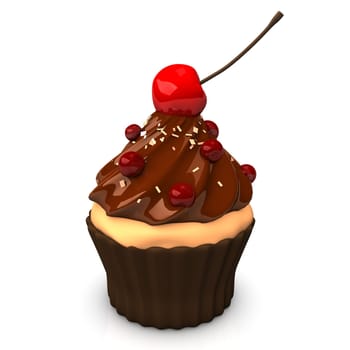 Cupcake with  chocolate cream, red currants and cherry. White background.
