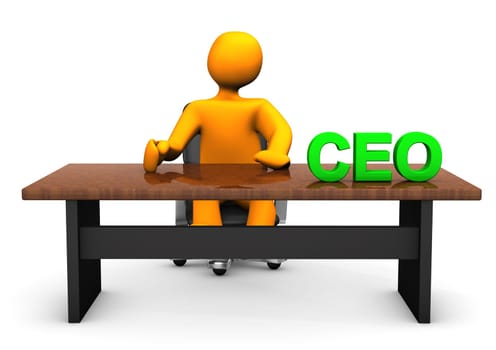 Orange cartoon character as CEO with table. With background.