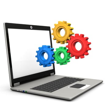 Multicolored gears with notebook on the white background.