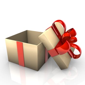 Opened gift cartoon with red ribbons, white background.