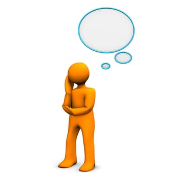 Orange cartoon character with thought bubble. White background.