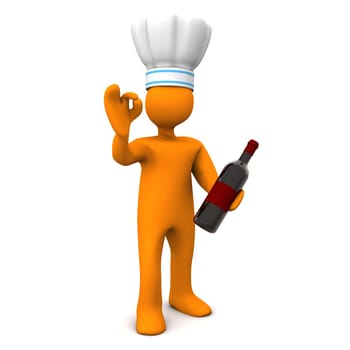 Orange cartoon character with the red wine bottle and two wineglasses. White background.