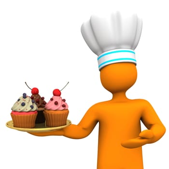 Orange cartoon character as baker with cupcakes.
