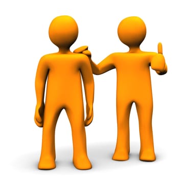 Orange cartoon character praises his workmate.
