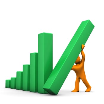 Orange cartoon character mounts the beams of the green chart.
