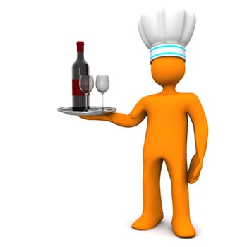 Orange cartoon character with the red wine bottle and two wineglasses. White background.