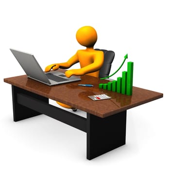 Orange cartoon character with laptop and green chart on table.
