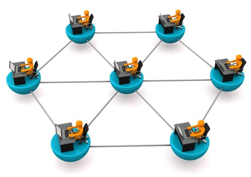 Illustration of networked employees with laptops and tables.