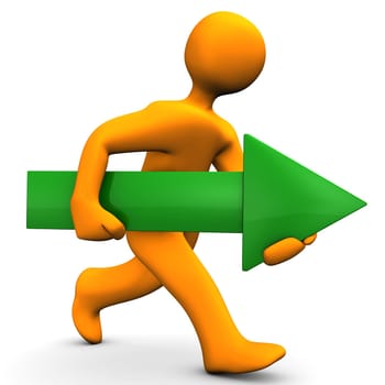 Orange cartoon character runs with big green arrow.