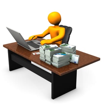 Orange cartoon character with laptop and euro banknotes.