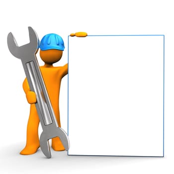 Industrial worker with spanner and signboard. White background.