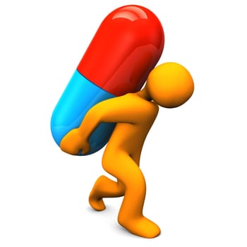 Orange cartoon character with big pill. White background.