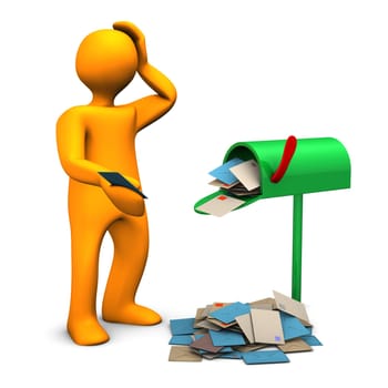 Orange cartoon character with overcrowded mailbox.