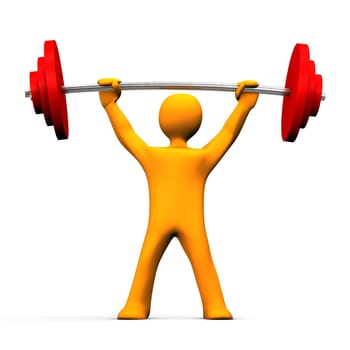 Orange cartoon character uplifts the dumbbell. White background.