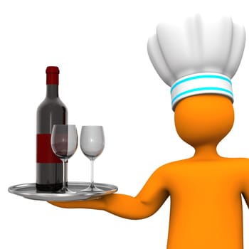 Orange cartoon character with the red wine bottle and two wineglasses. White background.