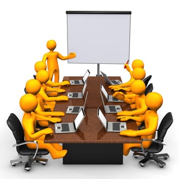 Orange cartoon characters have training with notebooks. White background.