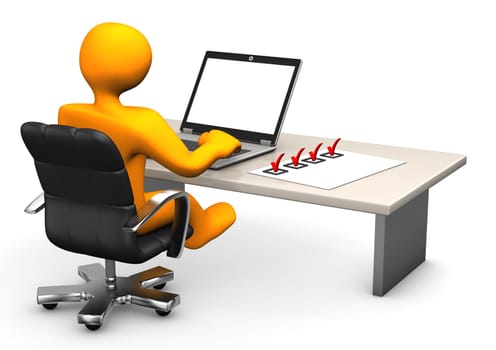 Orange cartoon character with laptop and checklist on table.