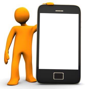 Orange cartoon character with big smartphone on the white background.