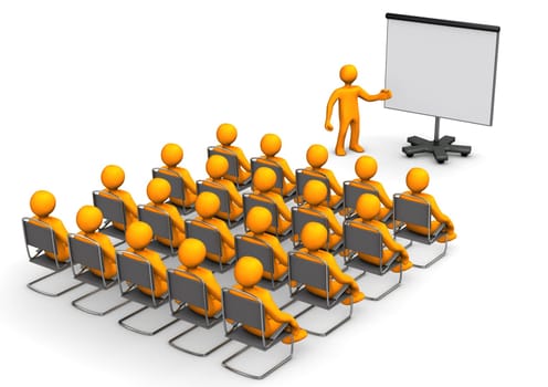 Orange cartoon characters sit in on a lecture.