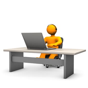 Orange chartoon character with headset, table, notebook and swivel chair.