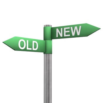 Signpost with two directions with the text "old"" and ""new""."
