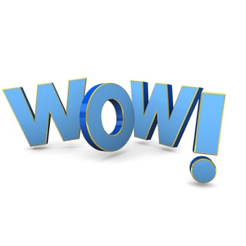 Blue text "wow!"" with golden ribbons. White background."